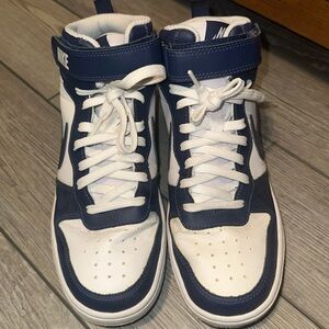 High top navy blue and white Nike dunks, size 7